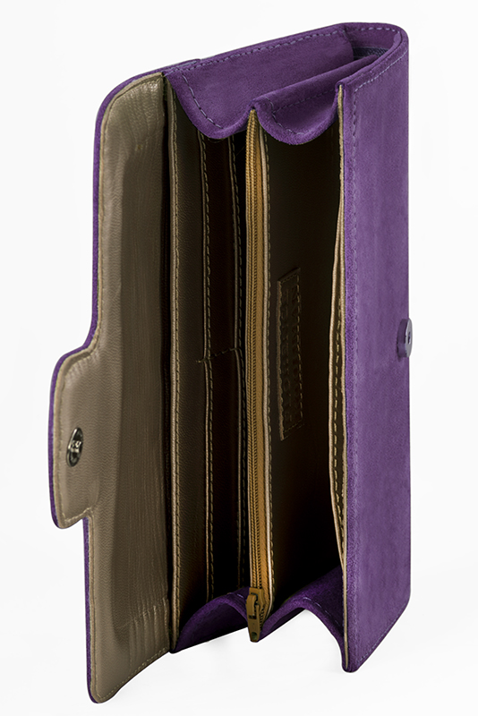 Portefeuille femme violet améthyste et or doré haut de gamme. Personnalisation. Top view - Florence KOOIJMAN
